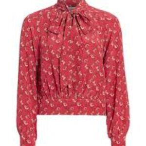 Coach Horse And Carriage Print Tie Neck Blouse In Red SZ 2 In Red/pink Silk New